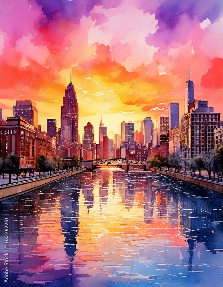 Obraz premium A watercolor painting of a city skyline at sunset, soft pinks, purples, oranges blending in the sky, buildings are delicately outlined, with reflections shimmering in a nearby river