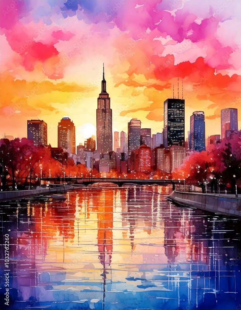 Obraz premium A watercolor painting of a city skyline at sunset, soft pinks, purples, oranges blending in the sky, buildings are delicately outlined, with reflections shimmering in a nearby river