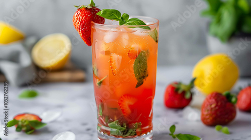 refreshing summer drink with strawberries, lemon and basil. the glass is placed on a marble table.