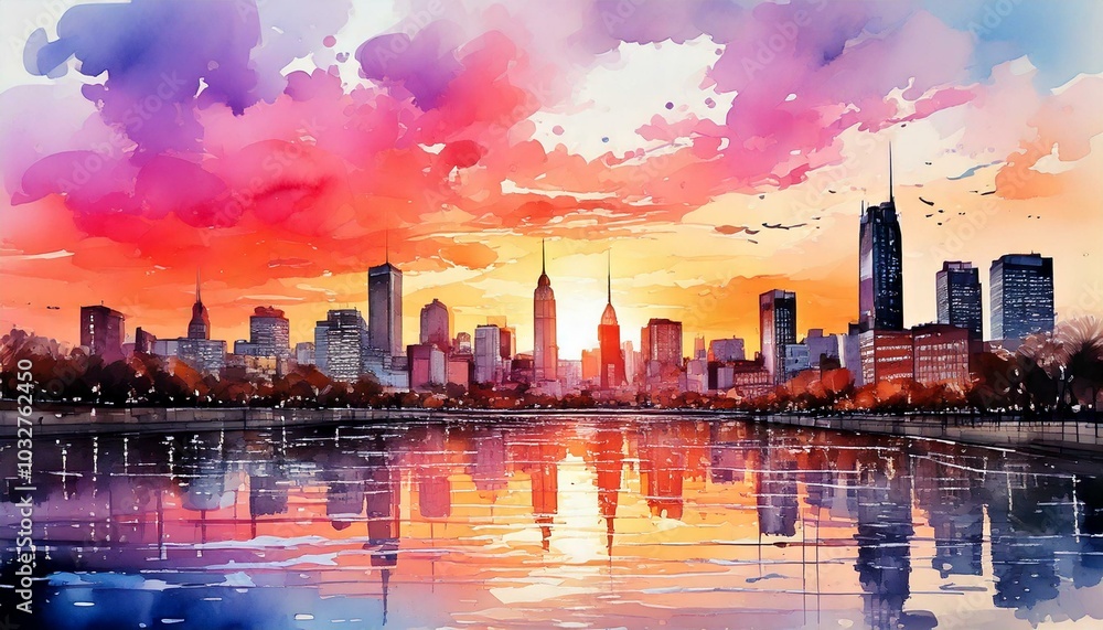 Obraz premium A watercolor painting of a city skyline at sunset, soft pinks, purples, oranges blending in the sky, buildings are delicately outlined, with reflections shimmering in a nearby river