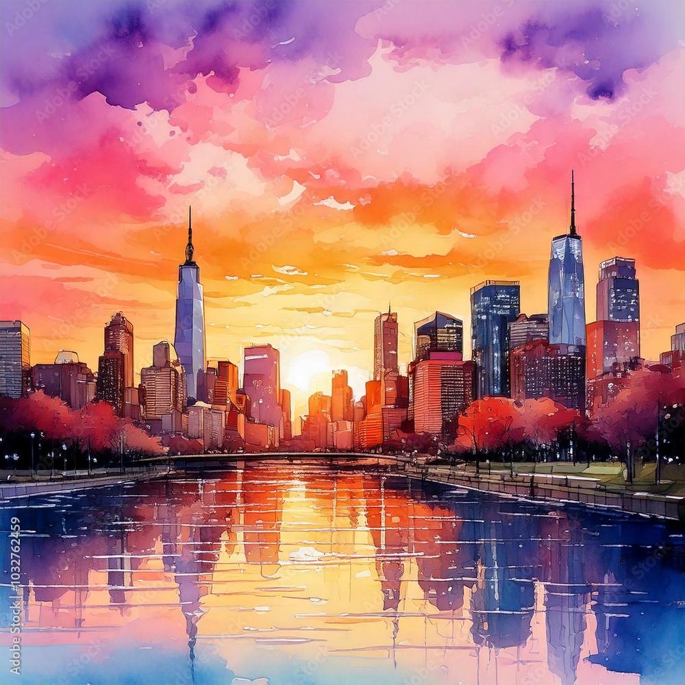 Obraz premium A watercolor painting of a city skyline at sunset, soft pinks, purples, oranges blending in the sky, buildings are delicately outlined, with reflections shimmering in a nearby river