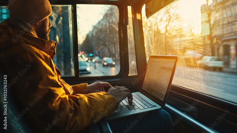 a commuter working on a laptop while riding a bus, highlighting the use of time during a long commute a commuter working on a laptop while riding a bus, highlighting the use of time during a long commute