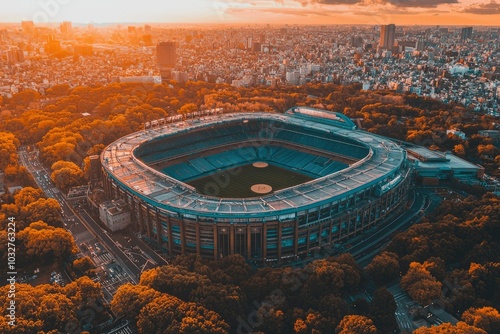 Aerial View of a Baseball Stadium in a City at Sunset photo