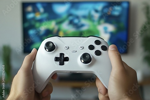 Gamer holds a white controller, gaming on a big screen, showcasing modern entertainment and technology. Hands navigate the virtual world, capturing fun and relaxation photo