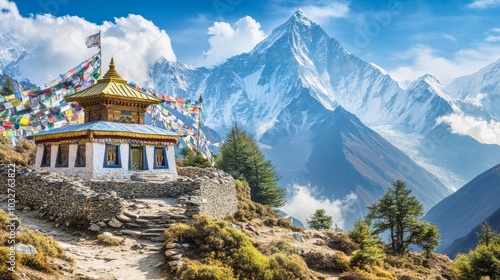 A scene in Kala Pattar, Khumbu, Nepal, featuring Mount Everest, the prayer wall, and Mount Nuptse