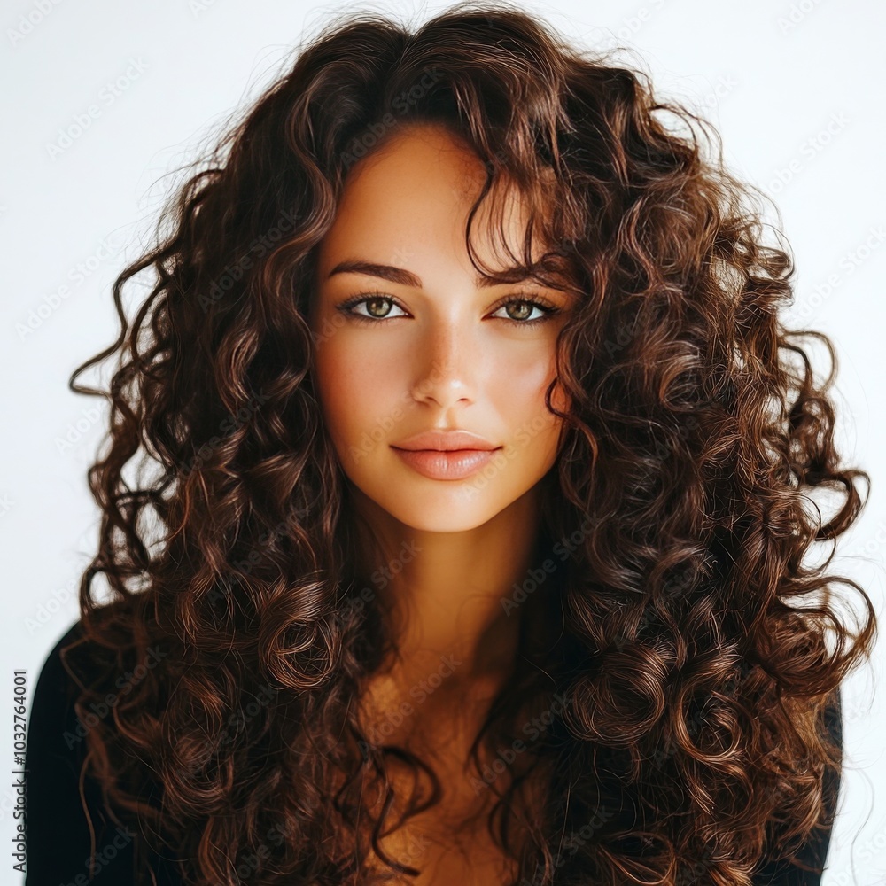 Naklejka premium Beauty portrait of curly-haired woman on white.