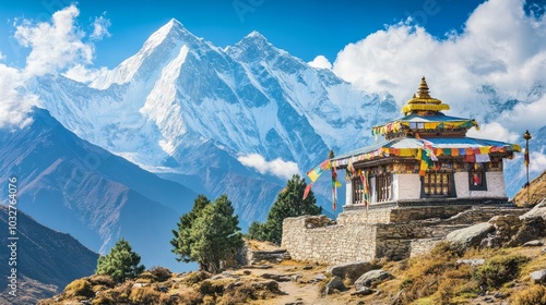 A scene in Kala Pattar, Khumbu, Nepal, featuring Mount Everest, the prayer wall, and Mount Nuptse photo