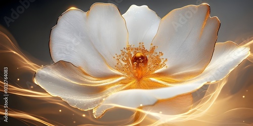 A close-up of a delicate white flower with a golden center, surrounded by soft, glowing light.