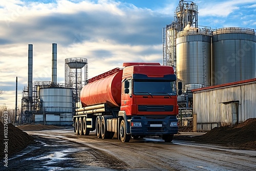 Red gasoline or oil tanker truck driving on a dirt road, leaving an industrial refinery site with storage tanks in the background