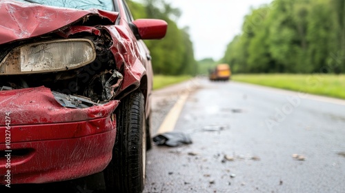 Close-up of a red car's front end that has been in a car accident, showing significant damage to the hood, fender, and headlight.