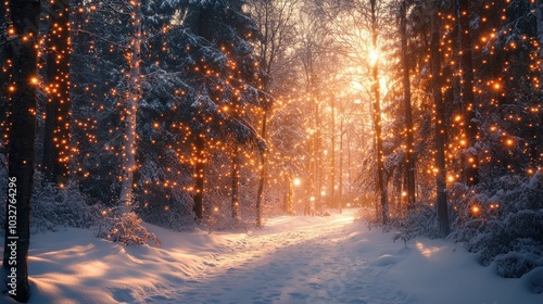 Magical snowy forest with glowing fairy lights creating a festive Christmas atmosphere and a winter wonderland experience.