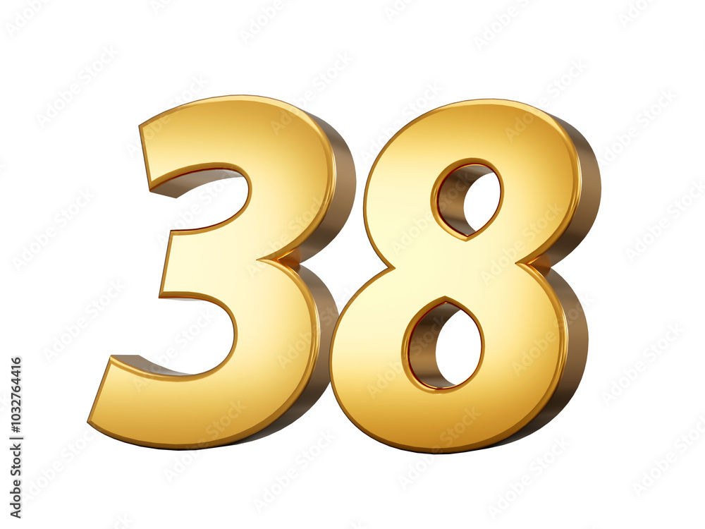 Golden metallic Number 38 thirty eight, White background 3d illustration
