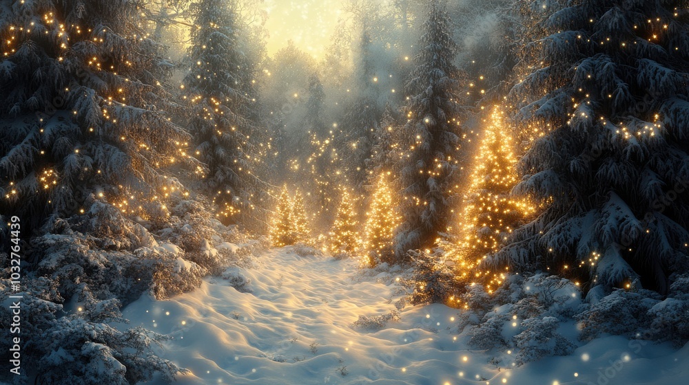 Snowy forest with fairy lights illuminating Christmas trees in a serene winter landscape Snowy forest with fairy lights illuminating Christmas trees in a serene winter landscape
