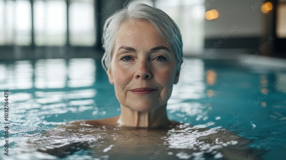 A serene older woman floating in a pool, conveying relaxation and tranquility. A serene older woman floating in a pool, conveying relaxation and tranquility.
