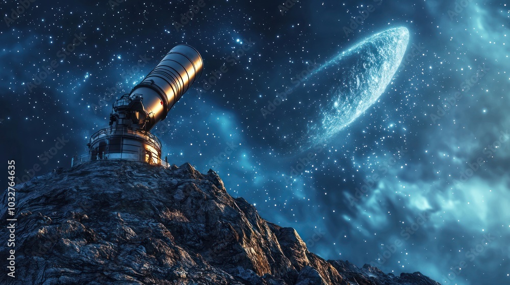 Naklejka premium an observatory with a telescope pointed at a comet in the distance, representing human curiosity and the study of space