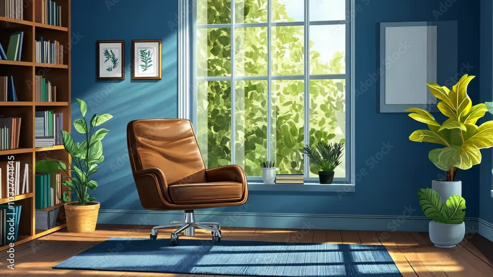 A comfortable leather chair sits in a bright, blue room with a large window overlooking a lush green garden A comfortable leather chair sits in a bright, blue room with a large window overlooking a lush green garden