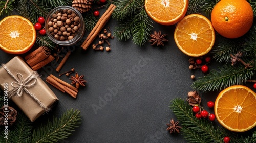 Traditional Christmas fruits and spices with oranges, cinnamon, and evergreen branches in a festive holiday arrangement