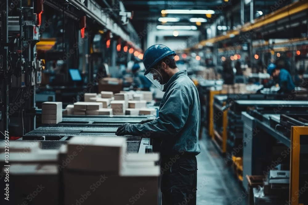 Obraz premium A Factory Worker in a Blue Hard Hat Inspects a Conveyor Belt