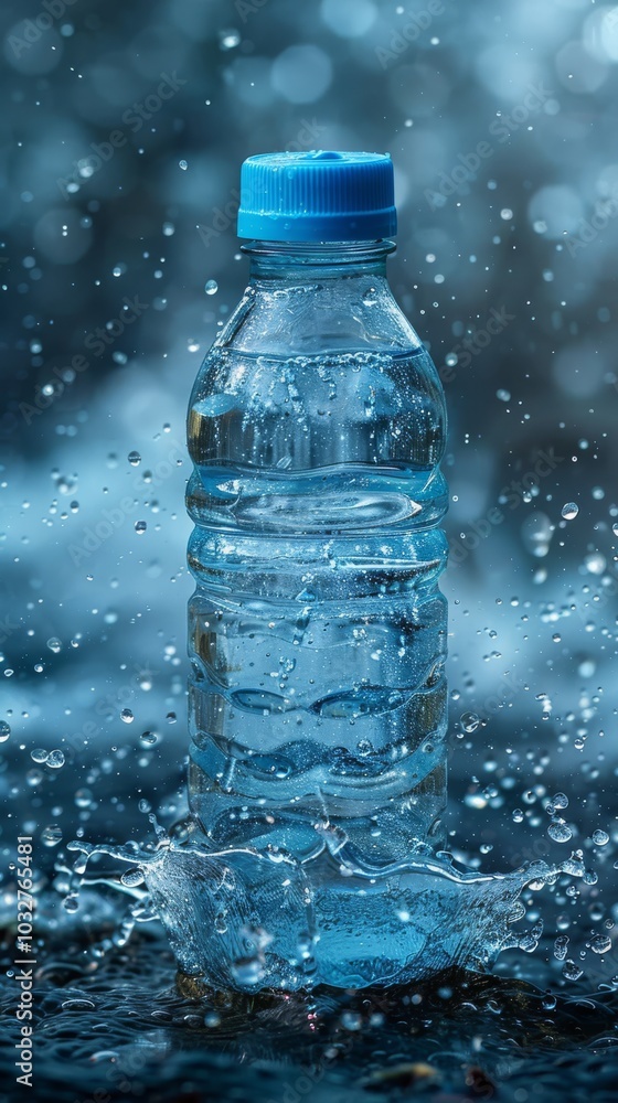 Water bottle stands upright as droplets splash around. Concept highlights refreshment and hydration. For drinking water promotions and advertisements. Water bottle stands upright as droplets splash around. Concept highlights refreshment and hydration. For drinking water promotions and advertisements.