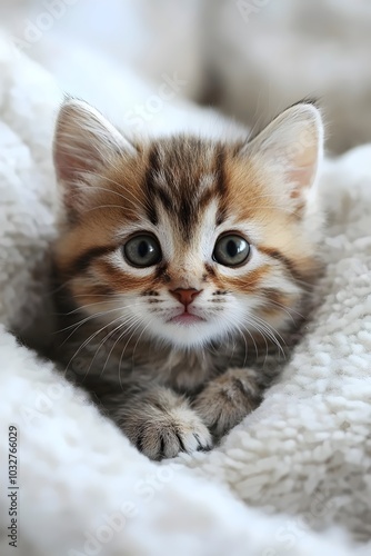 A cute, fluffy tabby kitten with big, green eyes peeks out from a cozy blanket.