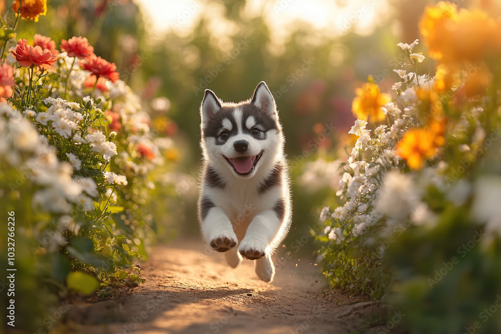 Cute haski dog running between the flower rows in the park Cute haski dog running between the flower rows in the park