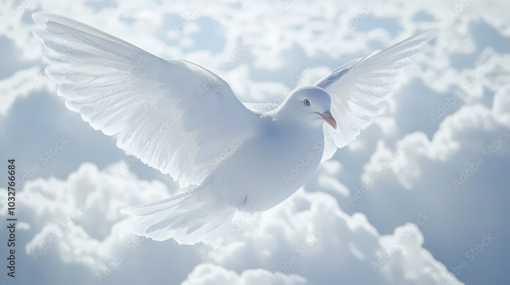 Obraz premium A white dove with outstretched wings soars through a blue sky with puffy white clouds.