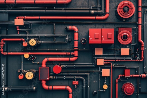 Red and Black Industrial Piping System on a Dark Wall