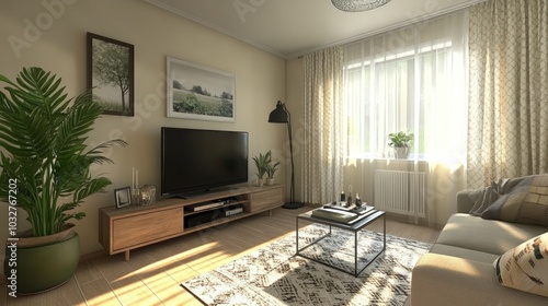 A bright and airy living room with a comfortable couch, a coffee table, a TV stand, and a plant.