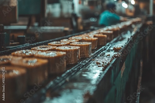 Close-up of a Conveyor Belt with Cylindrical Objects