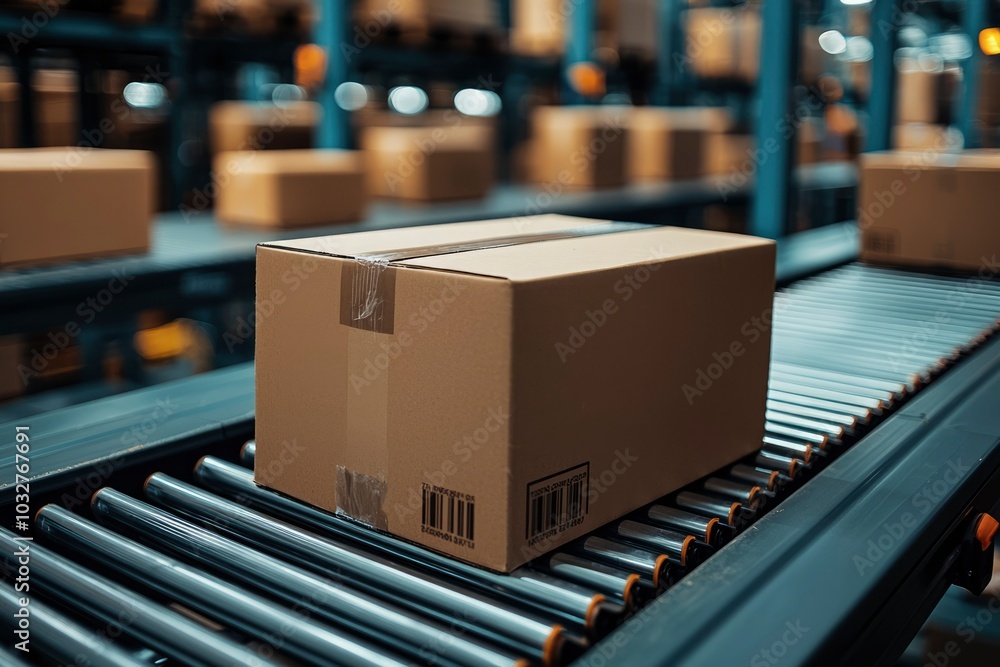 Cardboard Box Moving on Conveyor Belt in a Warehouse Cardboard Box Moving on Conveyor Belt in a Warehouse