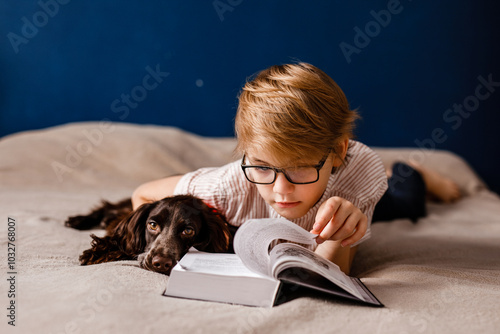 Little boy in glasses reading a storybook with his dog beside him