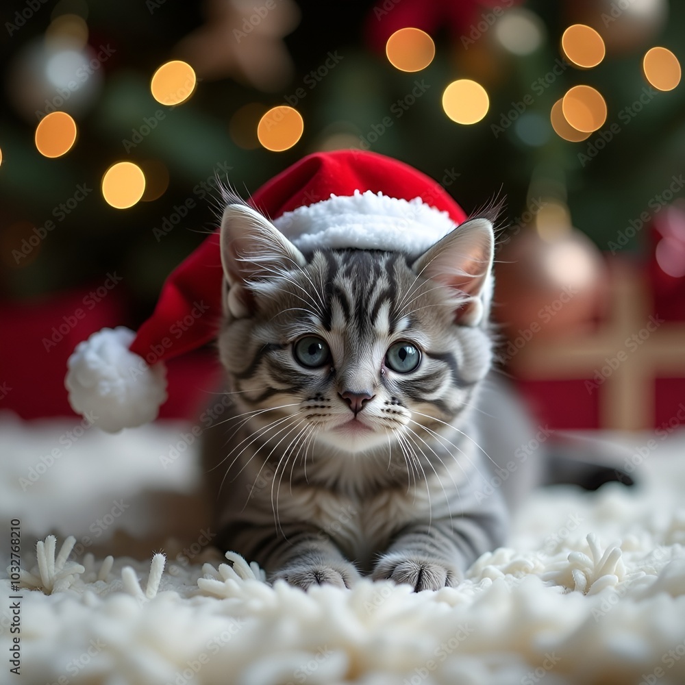 a gray kitten is sitting on the background of a New Year's decorated Christmas tree in a red hat a gray kitten is sitting on the background of a New Year's decorated Christmas tree in a red hat