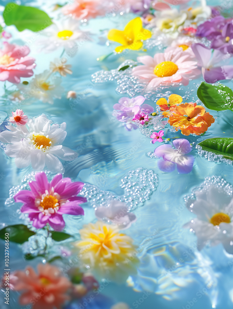A serene scene featuring an array of colorful flowers floating on a tranquil blue water surface, with gentle bubbles rising, creating a peaceful and vibrant atmosphere. A serene scene featuring an array of colorful flowers floating on a tranquil blue water surface, with gentle bubbles rising, creating a peaceful and vibrant atmosphere.