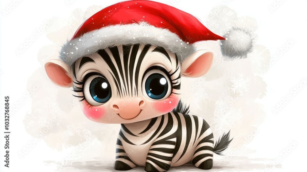 A cute cartoon zebra wearing a Santa hat, smiling with big eyes. A cute cartoon zebra wearing a Santa hat, smiling with big eyes.