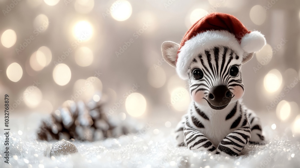A cute zebra wearing a Santa hat sits in the snow with a pine cone and Christmas ornaments in the background. A cute zebra wearing a Santa hat sits in the snow with a pine cone and Christmas ornaments in the background.