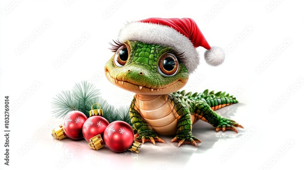 A cute cartoon alligator wearing a Santa hat and surrounded by Christmas ornaments. A cute cartoon alligator wearing a Santa hat and surrounded by Christmas ornaments.