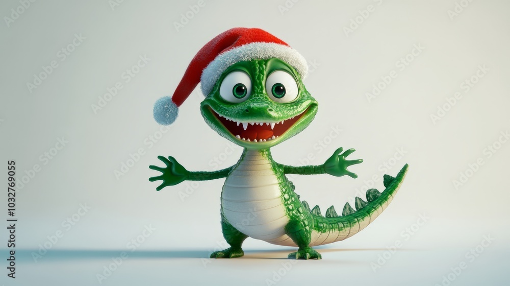 A cheerful cartoon alligator wearing a Santa hat smiles and spreads its arms out, isolated on a white background. A cheerful cartoon alligator wearing a Santa hat smiles and spreads its arms out, isolated on a white background.