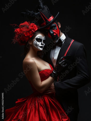 portrait featuring a woman in a striking red gown and a skull-themed face paint, alongside a man in a tuxedo