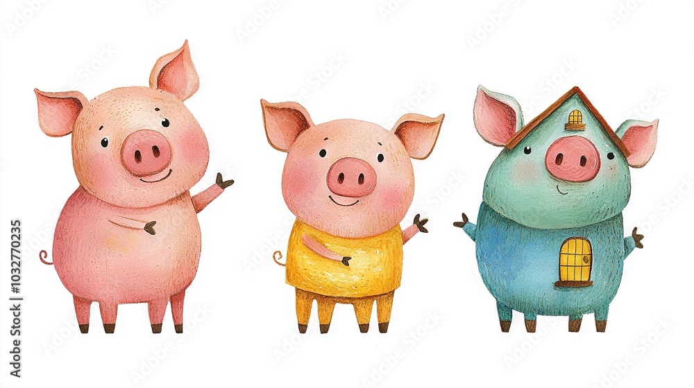 Three pigs standing together, one with a house on its head, the other with a house on its back Three pigs standing together, one with a house on its head, the other with a house on its back
