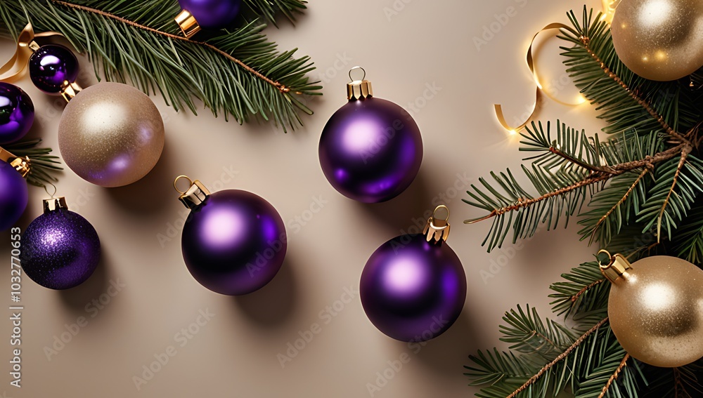 purple baubles sit beige fir branches golden lights top view flat lay setup photography purple baubles sit beige fir branches golden lights top view flat lay setup photography