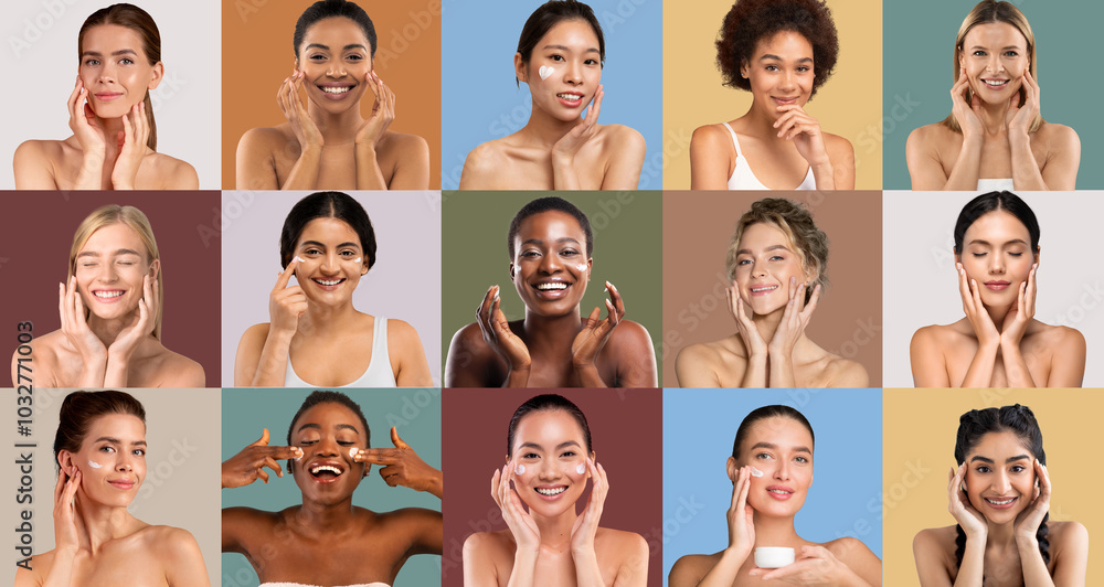 A group of women with different skin tones and features demonstrates various skincare routines against vibrant backgrounds, highlighting the importance of self-care and beauty. A group of women with different skin tones and features demonstrates various skincare routines against vibrant backgrounds, highlighting the importance of self-care and beauty.