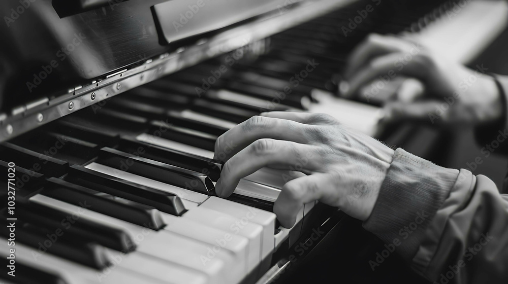 Φωτογραφία Black and white close up of a person playing the piano with selective focus on the hands and the piano keys