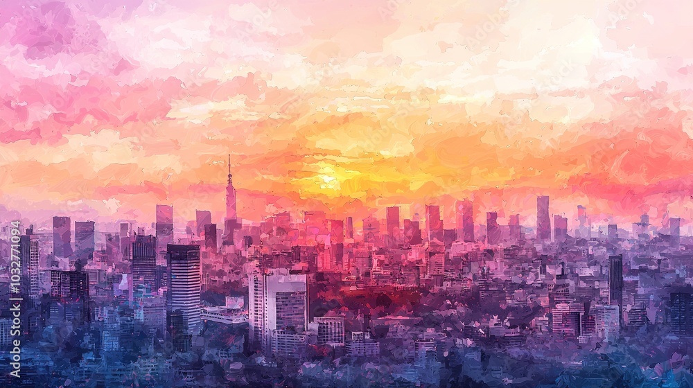 Obraz premium A cityscape painting featuring a sunset with shades of pink and yellow in the backdrop
