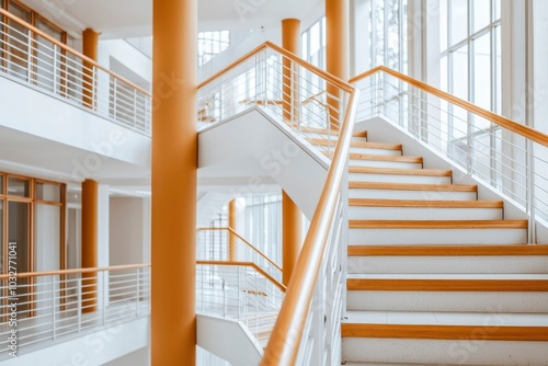 Modern Staircase with White and Wood Accents in a Spacious Interior