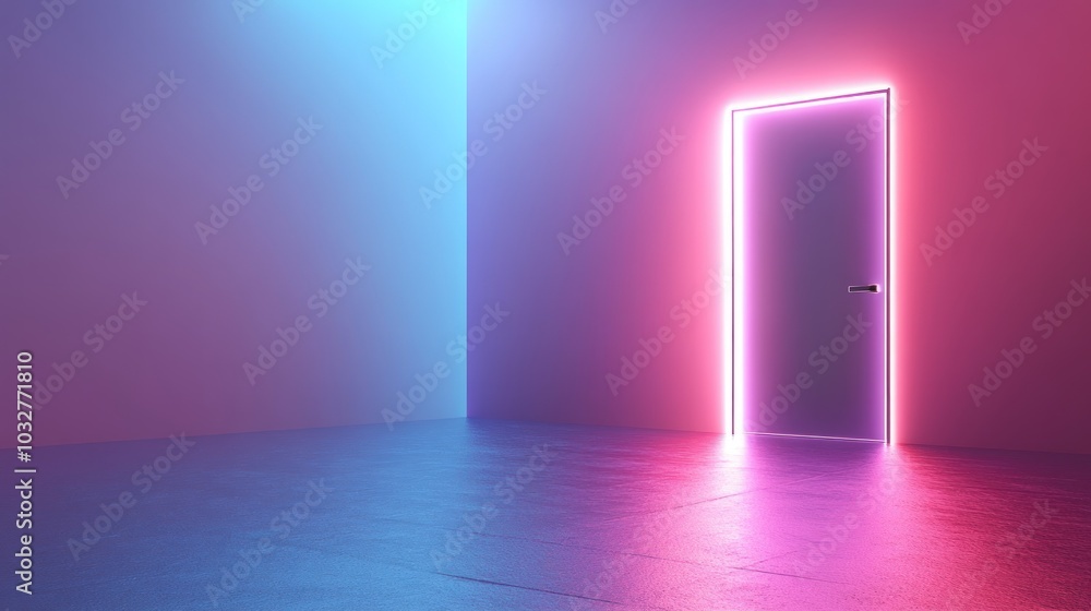 A closed door in a room with neon pink and blue lights. A closed door in a room with neon pink and blue lights.