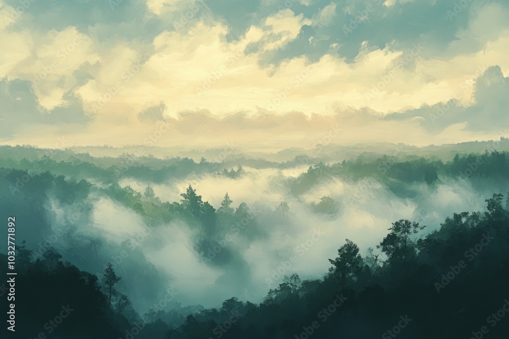 Fototapeta premium Misty Morning Over A Forest With A Soft Golden Sky