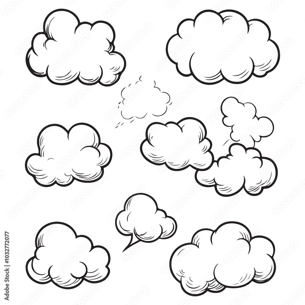 Set of speech bubbles, Clouds sketches. Vector illustration isolated on white background, Comic Speech Bubbles Set of speech bubbles, Clouds sketches. Vector illustration isolated on white background, Comic Speech Bubbles