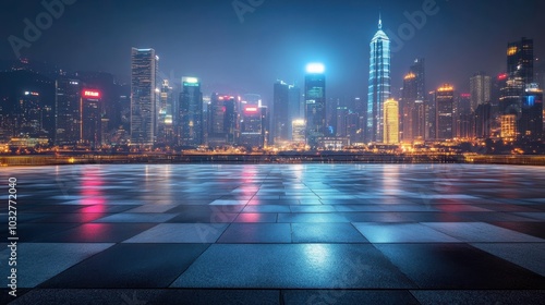 Fototapeta Naklejka Na Ścianę i Meble -  Modern Cityscape of Chongqing at Night With Illuminated Buildings and Empty Square Floors. Generative AI