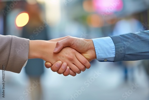 Business handshake on bright background, Two businessman shake hand with partner to celebration partnership and business deal concept. photo