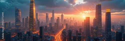 A breathtaking sunset view over a modern city skyline, showcasing towering skyscrapers and vibrant city lights, perfect for urban development and business themes.